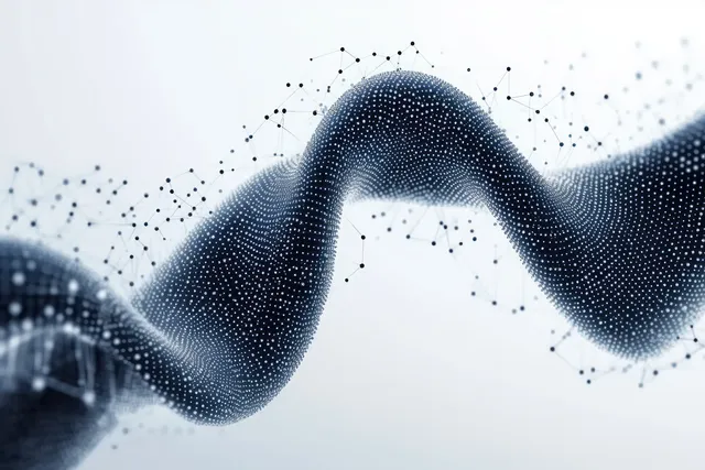 A glowing dotted DNA helix wireframe twists through a clean medical technology background.