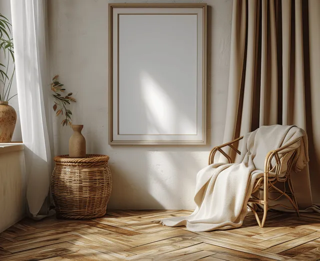 Blank poster frame mockup on the wall above a wicker basket and draped curtains in a boho living room.