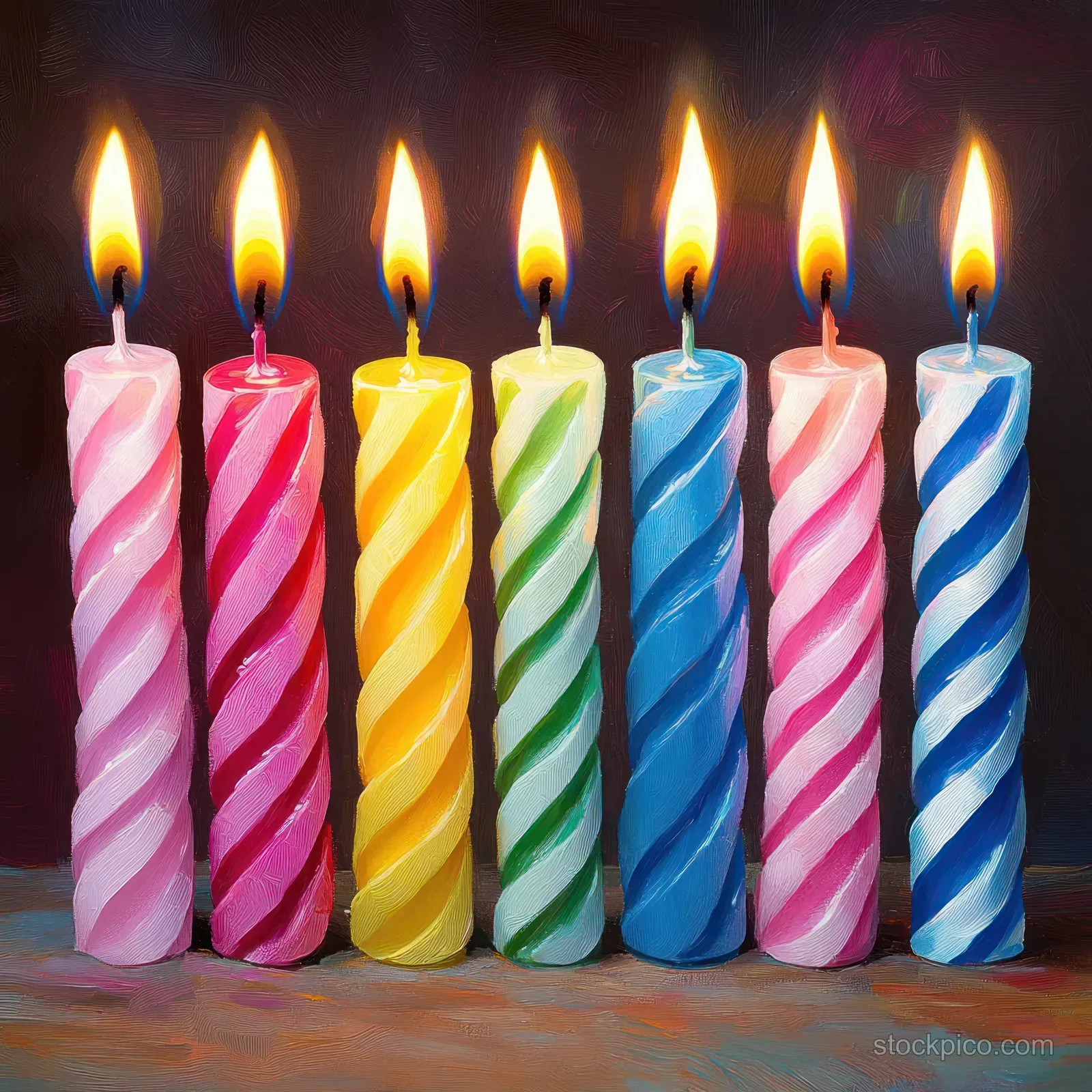 A row of striped birthday candles burns with bright flames on a dark tabletop in a colorful still-life scene.