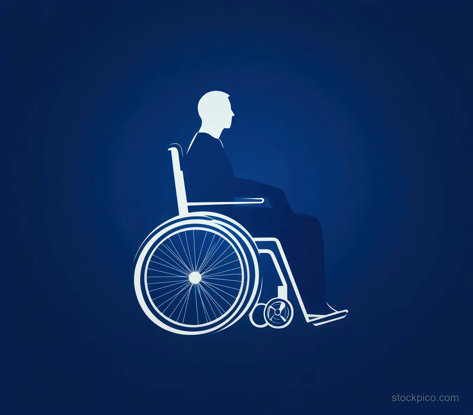 White silhouette of a person in a wheelchair seated in profile on a deep blue gradient background.