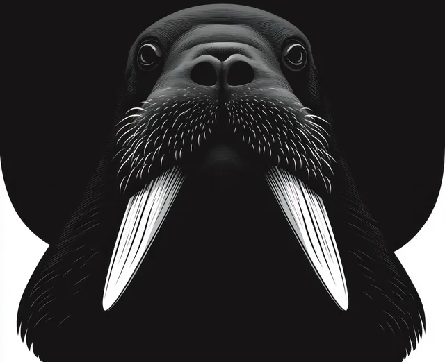 Frontal walrus face close-up with long white tusks and textured whiskers against a black background.