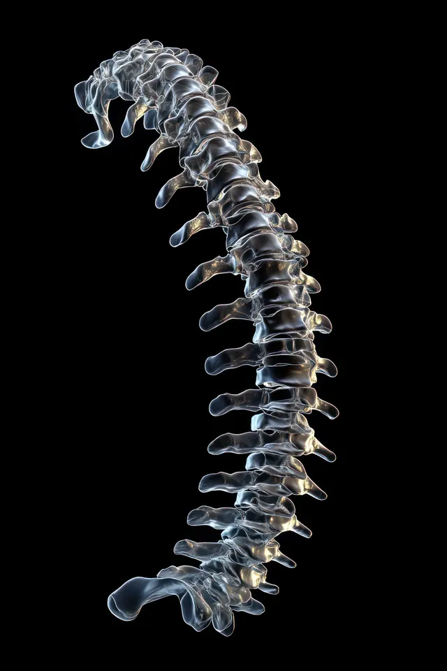 An illuminated human spine sculpture floats on a black background with soft ambient rim light.
