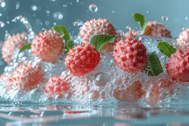 Lychee fruits splashing in water on pastel pink background with bright leaf highlights