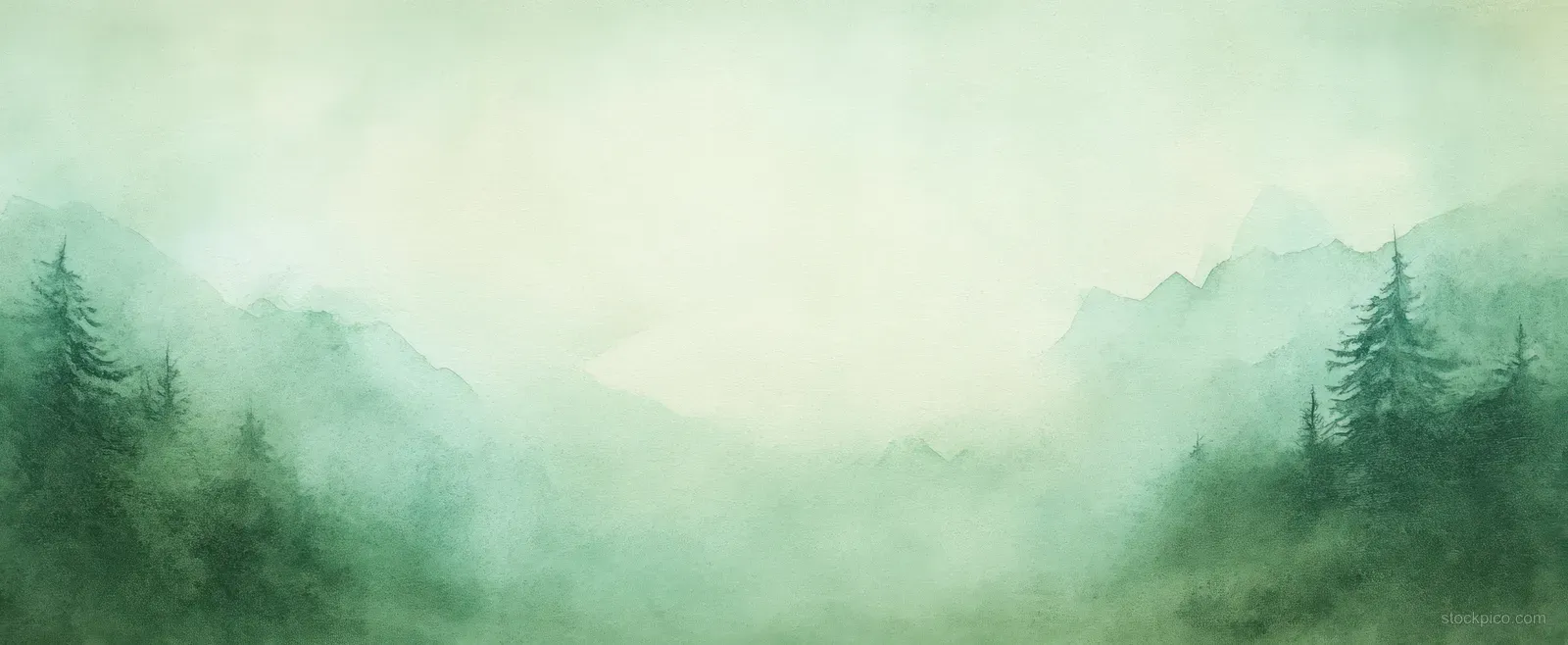 Watercolor forest landscape with green silhouettes and misty haze, centered over a soft beige wash.