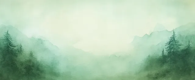 Watercolor forest landscape with green silhouettes and misty haze, centered over a soft beige wash.