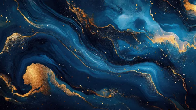 Abstract deep blue and gold metallic swirls resembling flowing liquid waves with highlights