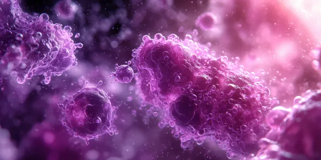 Glowing Lactobacillus-like bacterial cells drifting in a purple microscope-style background with depth of field.