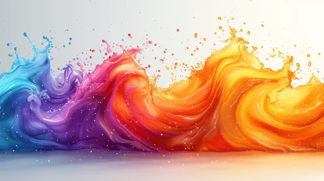 Colorful paint splash wave swirling across a white background with glowing droplets