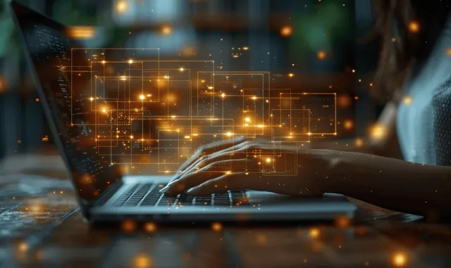 Woman Typing on Laptop with Virtual Document Management Interface