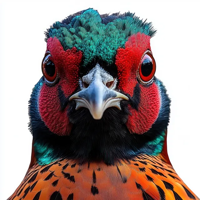Colorful pheasant close-up portrait with vivid green, red, and orange feathers and an intense gaze.