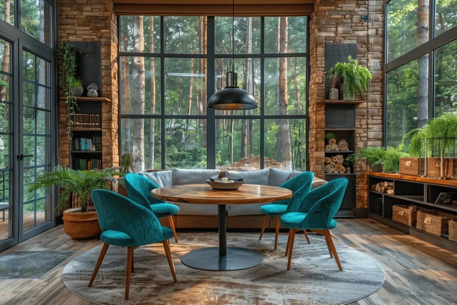 Scandinavian living room with teal chairs and a round wooden table, with trees visible through large windows.