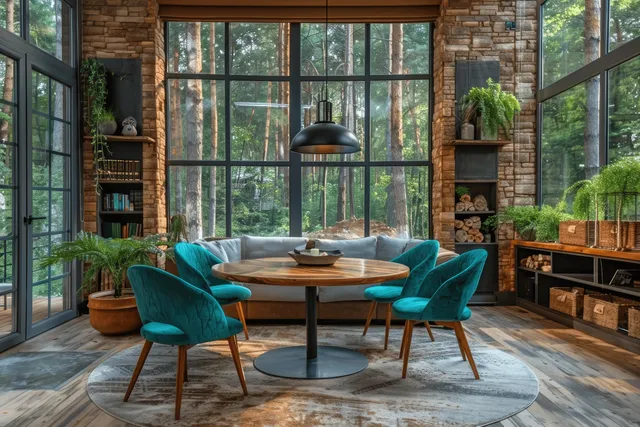 Scandinavian living room with teal chairs and a round wooden table, with trees visible through large windows.