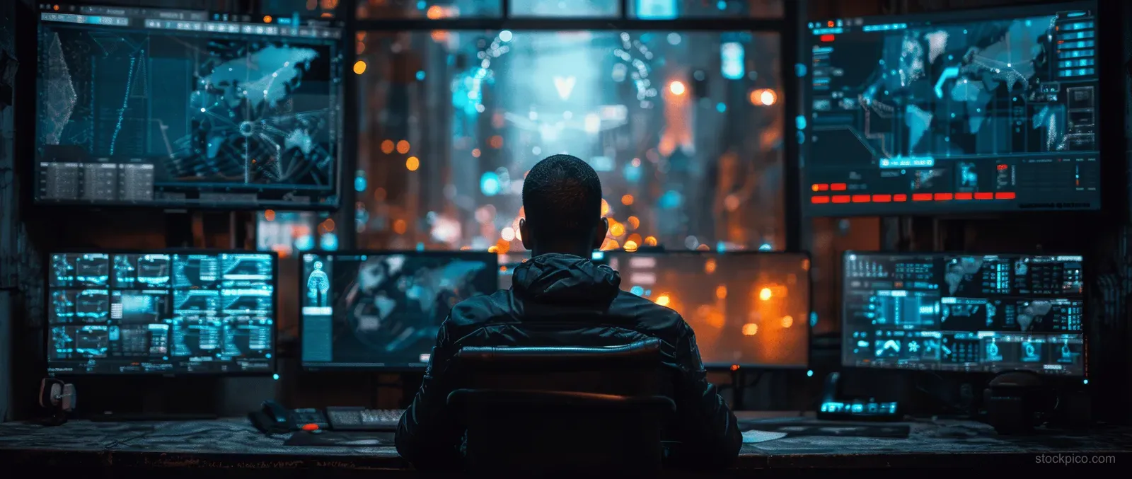 An AI security analyst monitors multiple CCTV screens and digital map overlays from a futuristic control room desk.