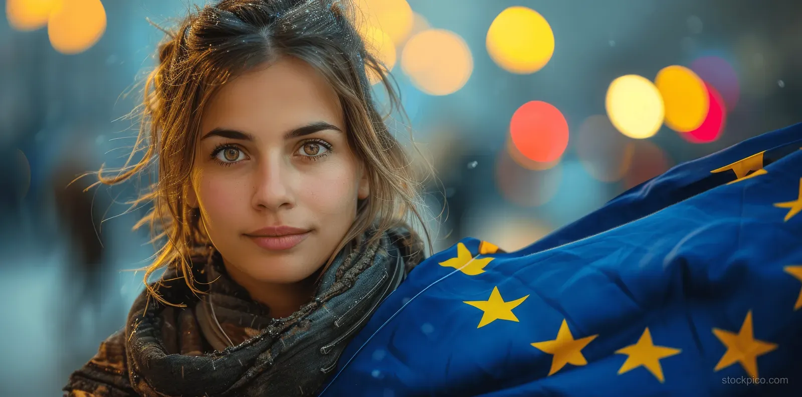 Young woman holding a blue EU flag with yellow stars while standing on a city street at sunset.