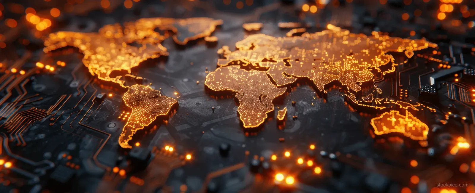 Glowing world map formed by copper traces on a dark circuit board.