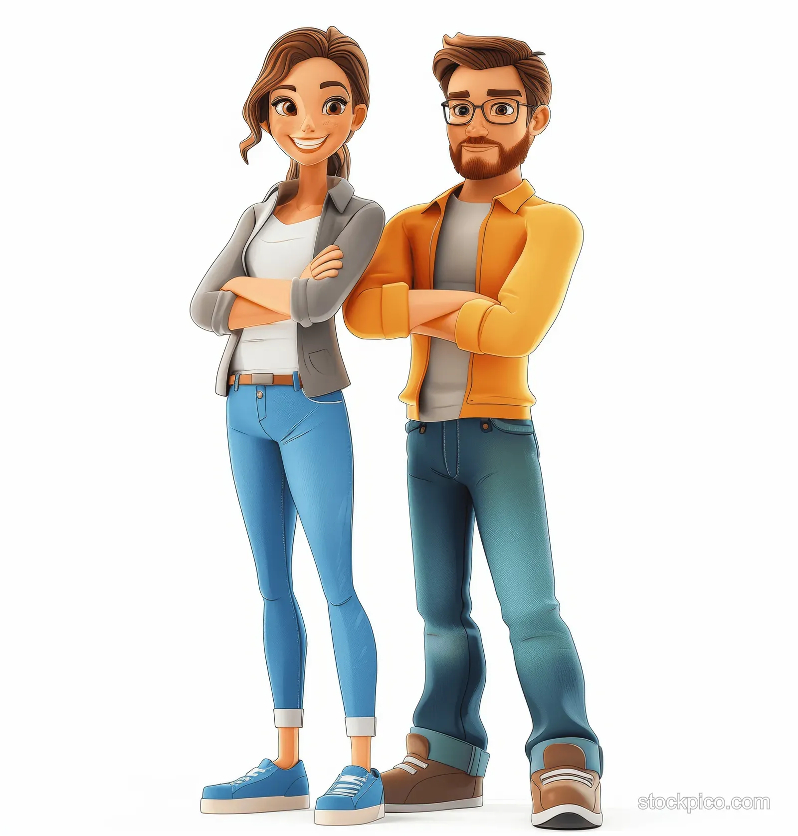 3D cartoon man and woman couple stand with arms crossed, smiling on a clean white background.
