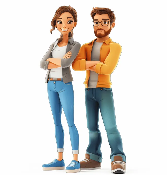 3D cartoon couple with arms crossed smiling, full-body portrait on clean white background