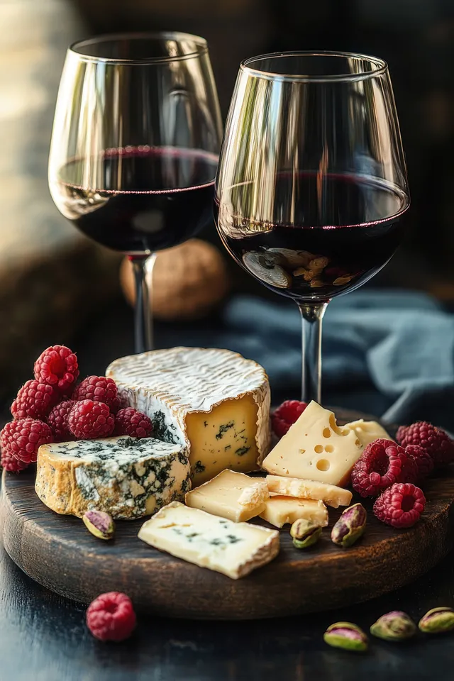 Two red wine glasses sit on a wooden board with assorted cheeses, fresh raspberries, and scattered pistachios.