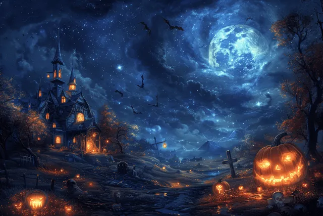 Haunted house and graveyard at Halloween night under a bright full moon, with bats flying and glowing jack-o'-lanterns.