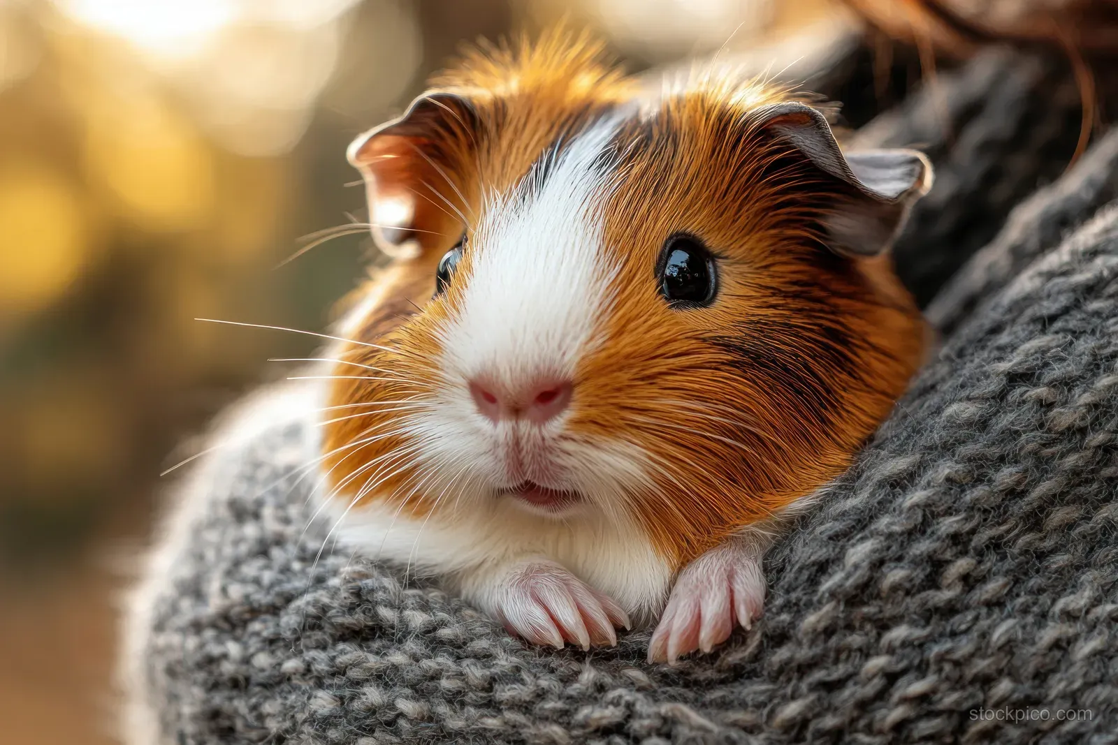 A guinea pig sits on a gray blanket with soft warm light and a blurred background.