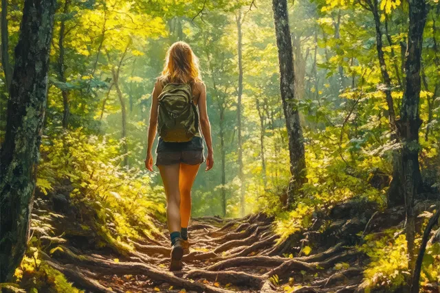 A fit young woman hikes along a serene forest trail adorned with golden autumn leaves and tall trees.