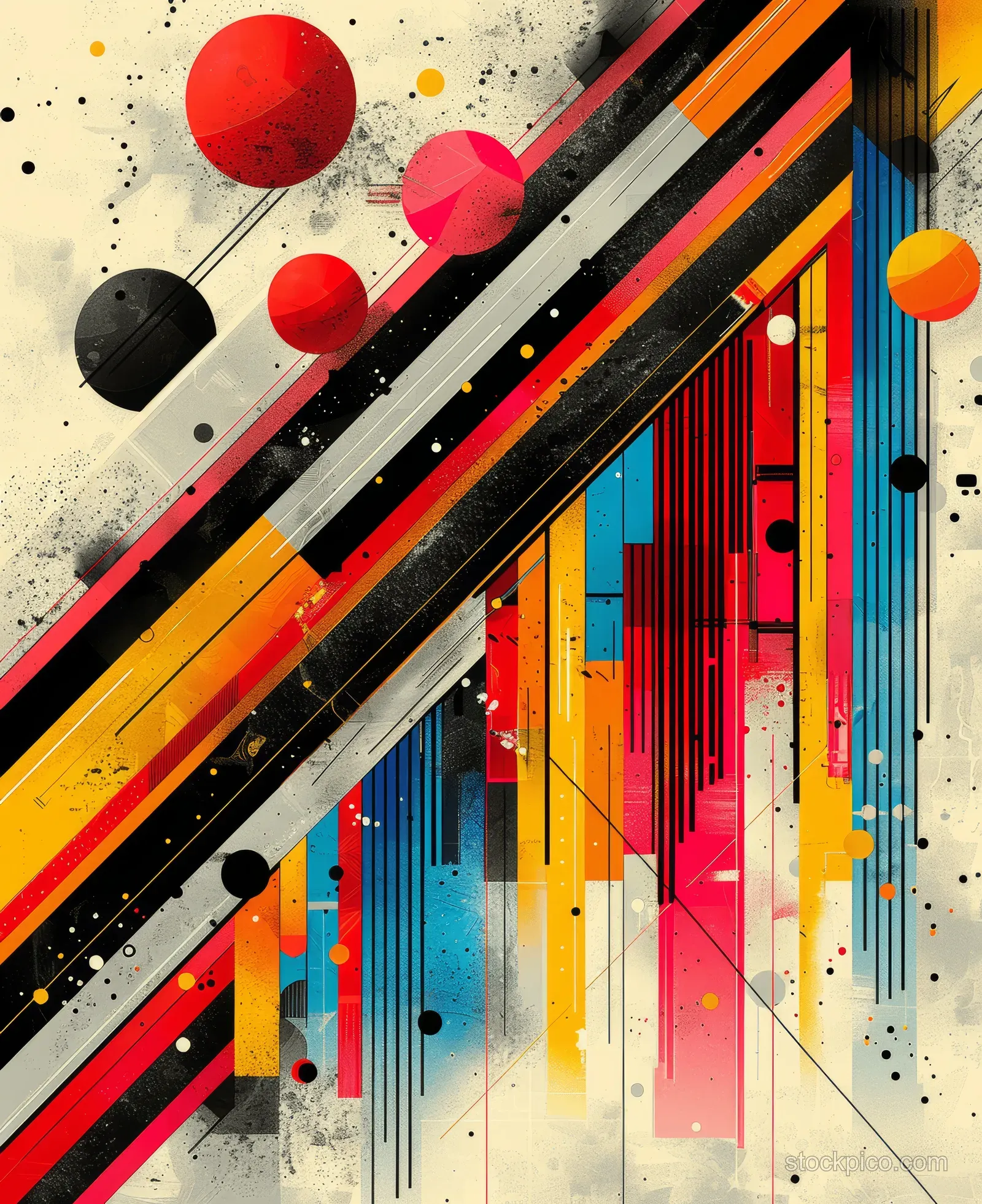Diagonal striped geometric bands and stacked color blocks sit over a speckled concrete textured background.