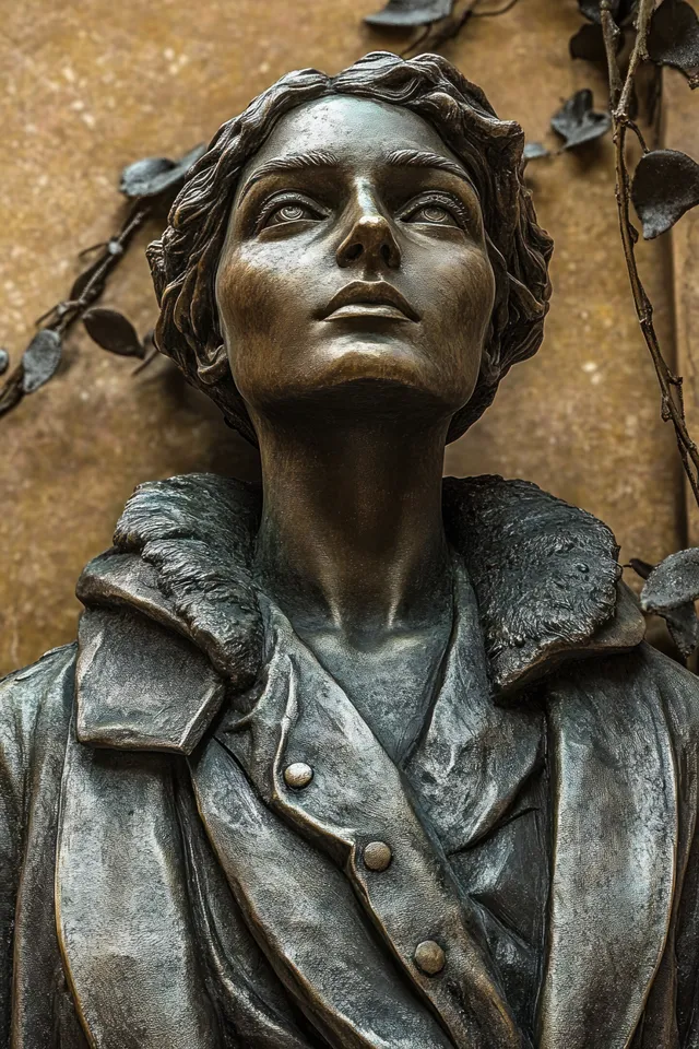 Bronze woman statue with upward gaze, calm expression, textured clothing and fur collar beside carved leaves.