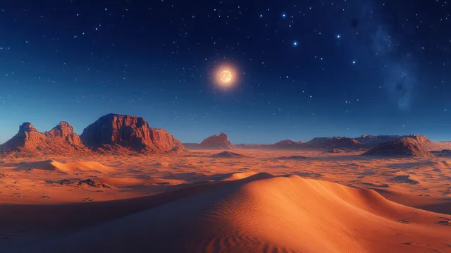 Moonlit desert dunes stretch across a quiet night landscape under a star-filled sky
