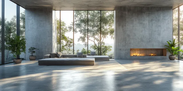 Minimalist concrete interior with large window, sofa, and warm fire glow sunlight shadows
