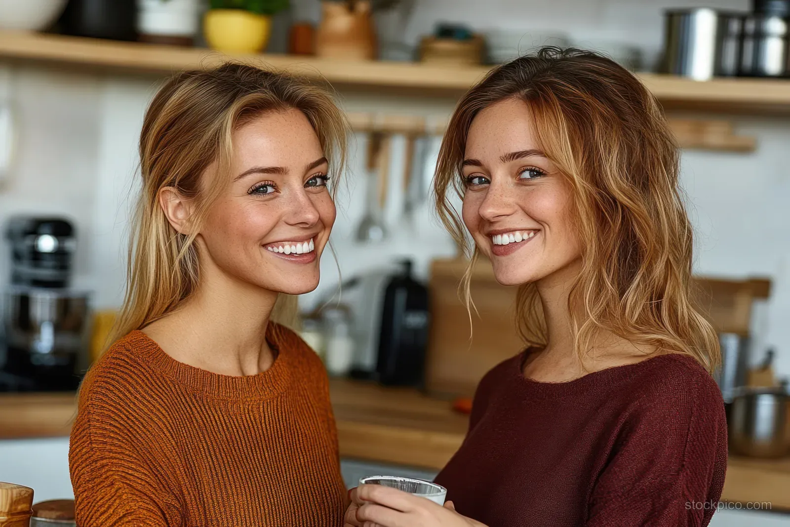 Two smiling young women stand close together in a cozy kitchen, holding mugs and enjoying warm light.