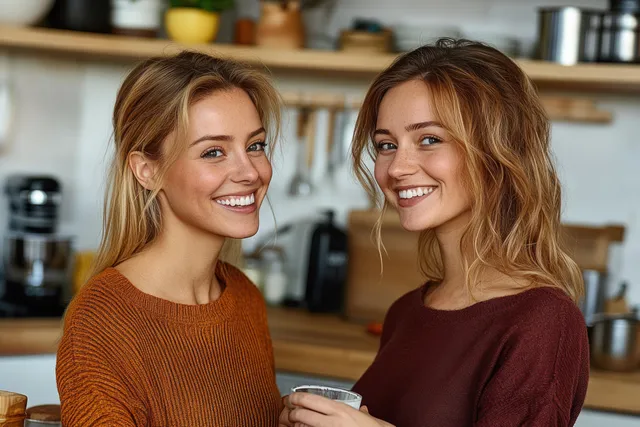 Two smiling young women holding mugs together in a cozy kitchen with warm lighting