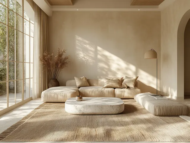 Minimalist living room interior with beige sofa, marble coffee table, round ottomans, and a modern floor lamp by window light.