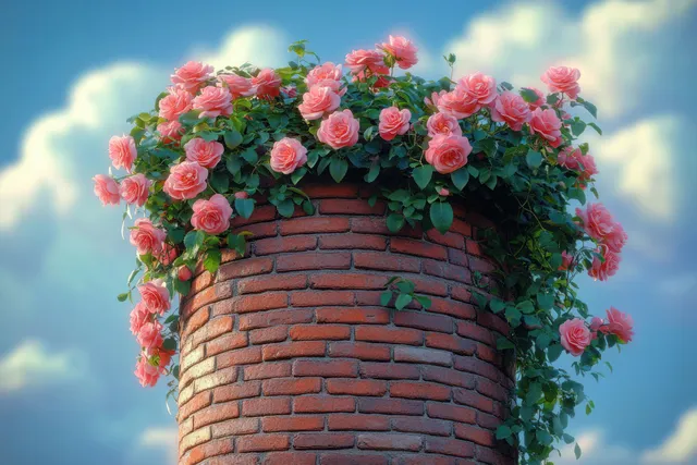 Pink roses cascade over a cylindrical red brick planter with green leaves against a blue sky and clouds.
