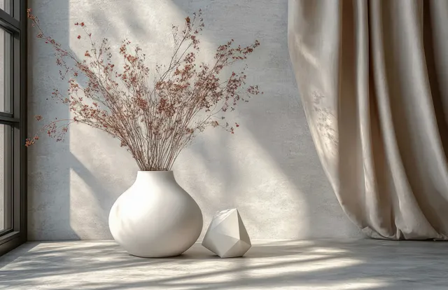 White vase with dried flowers on a shelf against a gray wall with window light and soft curtains.