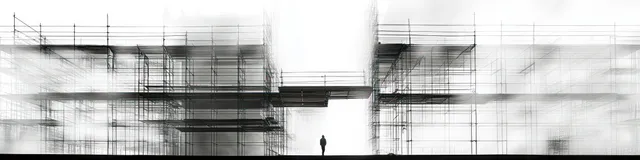 Silhouetted person stands between scaffolded steel frameworks in a stark monochrome architectural space.