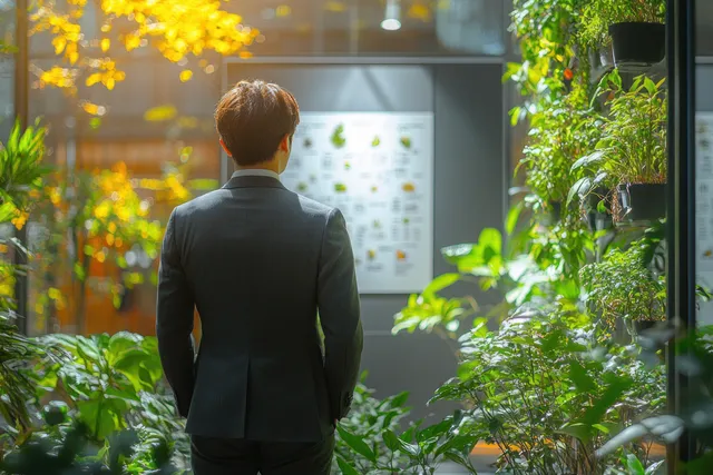 Mentor in tailored suit points at career roadmap whiteboard in bright modern office