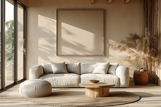 Japandi living room scene with beige sofa, round wooden coffee table, soft sunlit shadows with Natural Light Ambience