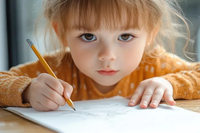 Close-up child drawing with a pencil on white paper at a wooden table