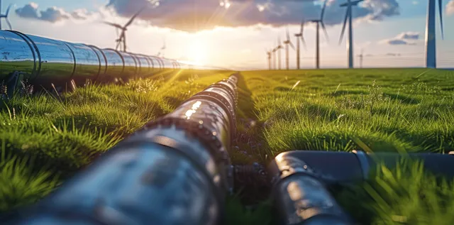 Solar-like sunlight over wind turbines beside a steel hydrogen pipeline in a grassy field