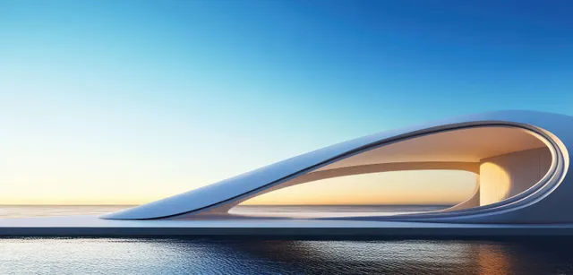 A sweeping curved bridge crosses calm water beneath a bright blue sky with warm light inside.
