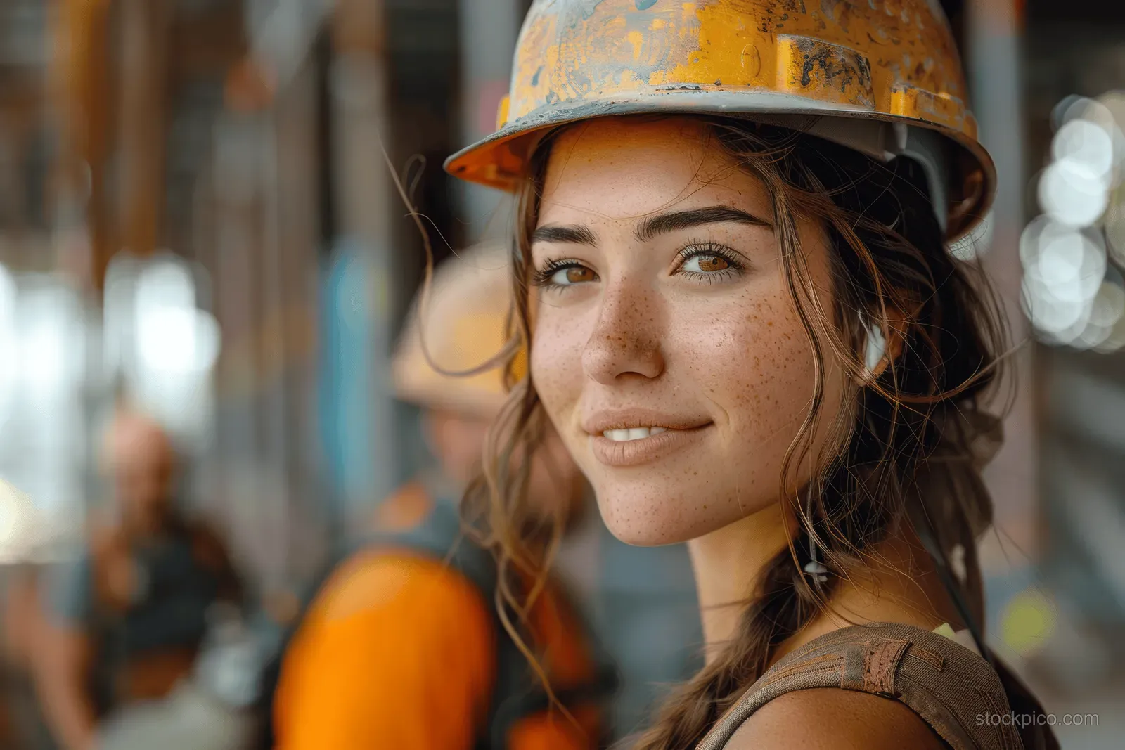 A female construction worker smiles in a hard hat and safety vest on a blurred jobsite under cinematic light.