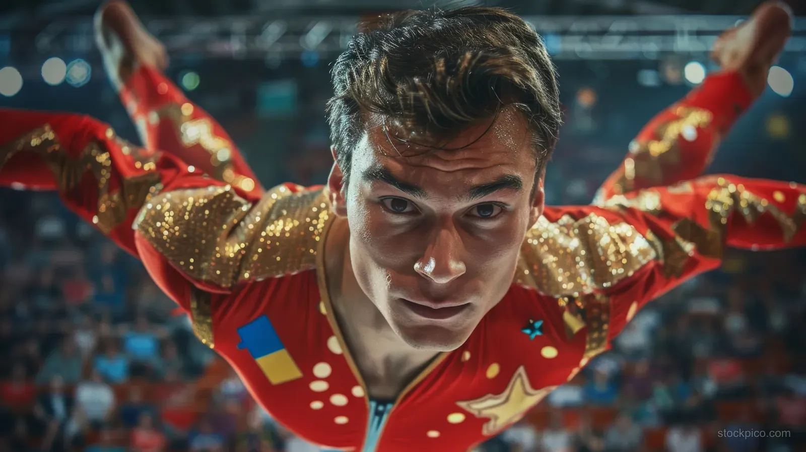 Male gymnast leaps midair on the floor during a competition, wearing a red patterned leotard with stadium crowds behind.