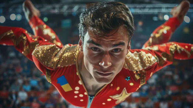 Male gymnast leaps midair on the floor during a competition, wearing a red patterned leotard with stadium crowds behind.