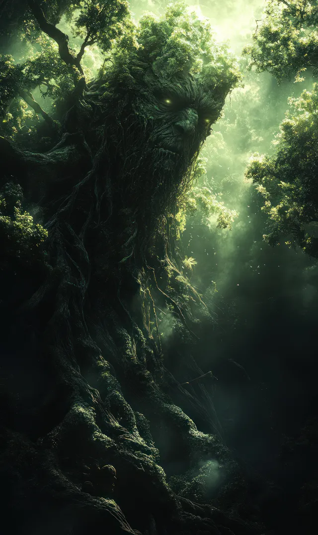 A looming forest spirit silhouette stands in a misty ancient woodland with twisted roots, moss, and green light beams.