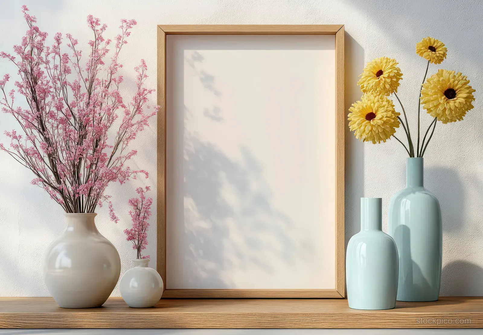 A blank wooden frame is surrounded by pastel vases of flowers on a light wooden shelf against a soft wall.