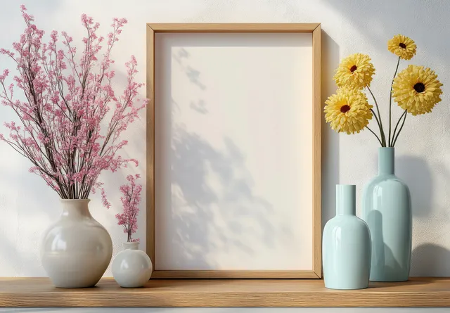 A blank wooden frame is surrounded by pastel vases of flowers on a light wooden shelf against a soft wall.