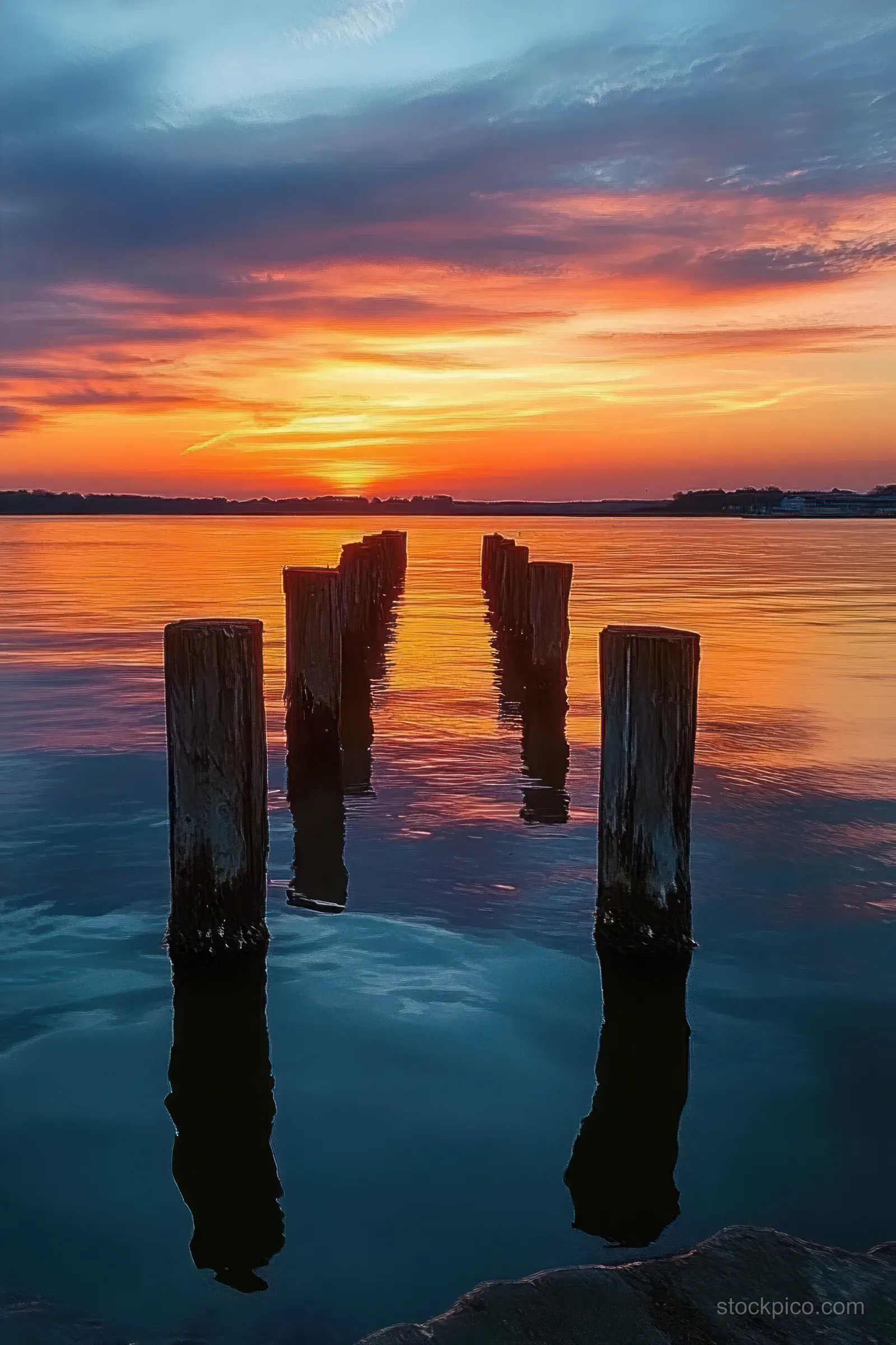 Weathered wooden pilings rise from calm lake water beneath an orange and blue sunset sky.