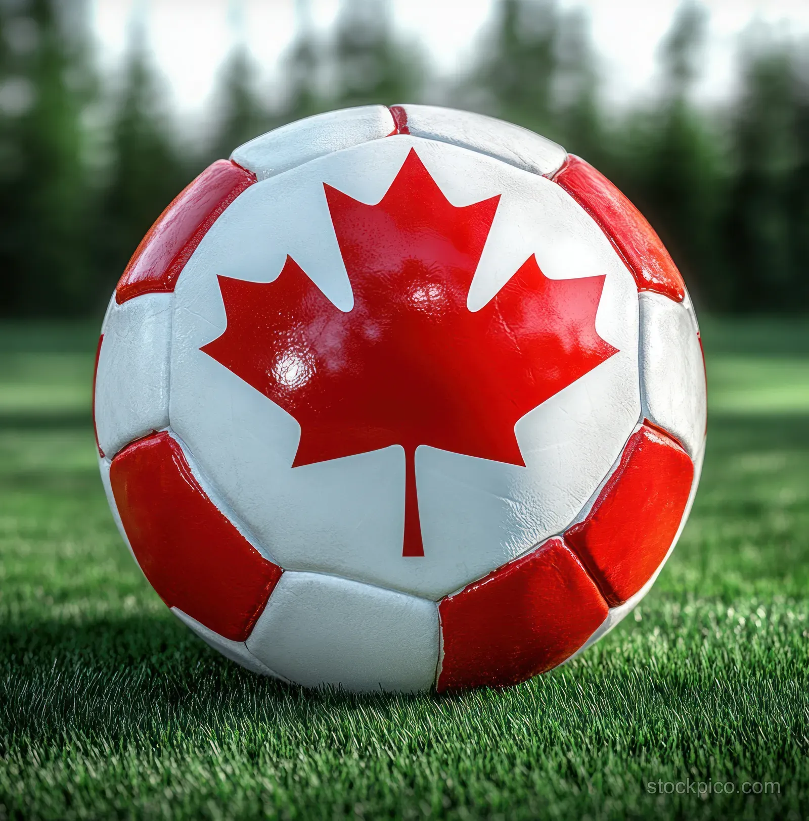 Canadian flag soccer ball resting on green grass with a blurred outdoor background.