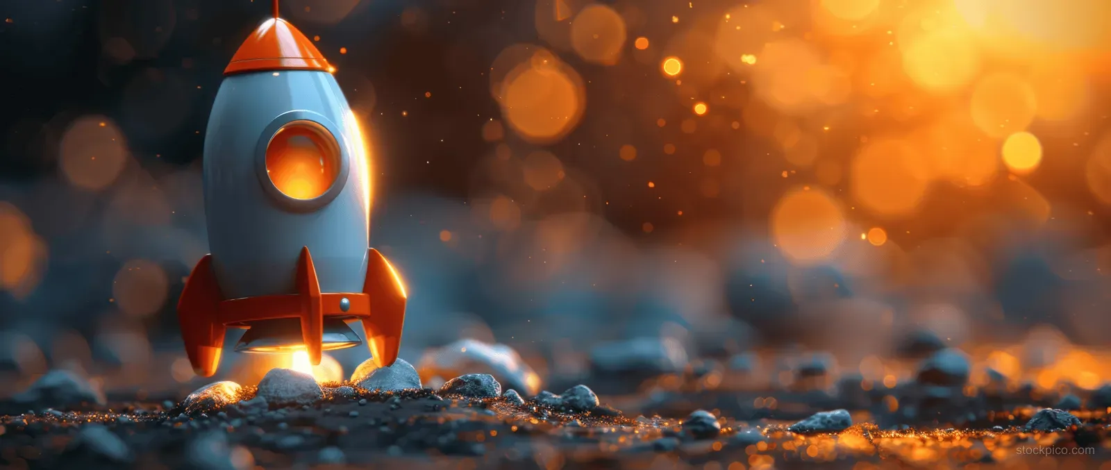 A cartoon rocket with glowing orange flames launches from rocky ground under a warm, bokeh-filled background.