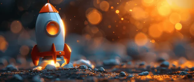 A cartoon rocket with glowing orange flames launches from rocky ground under a warm, bokeh-filled background.